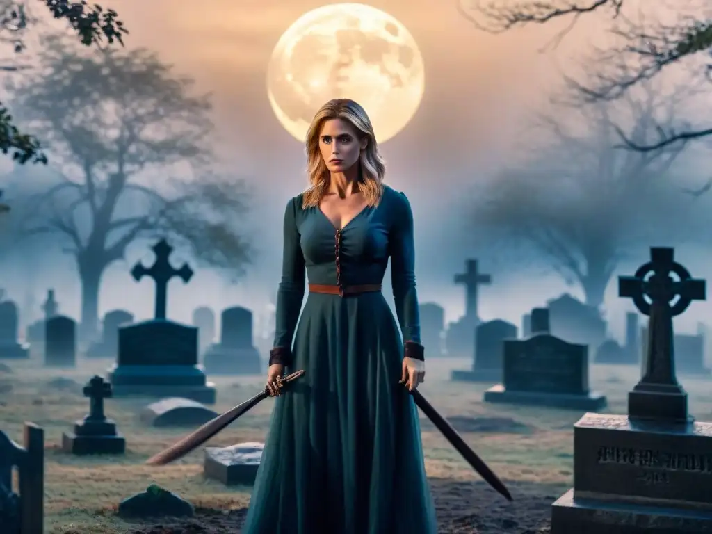 Una escena mítica y sobrenatural de Buffy cazavampiros en un cementerio nocturno, lista para la batalla contra fuerzas invisibles