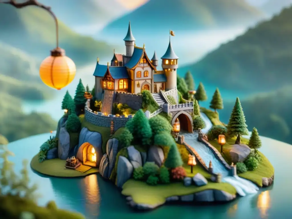 Escena de mundo ficticio con figuras miniatura en castillo majestuoso y paisaje encantado