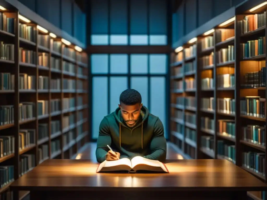 Escena nocturna en una biblioteca vacía y tenue, con libros proyectando sombras largas en el suelo de madera