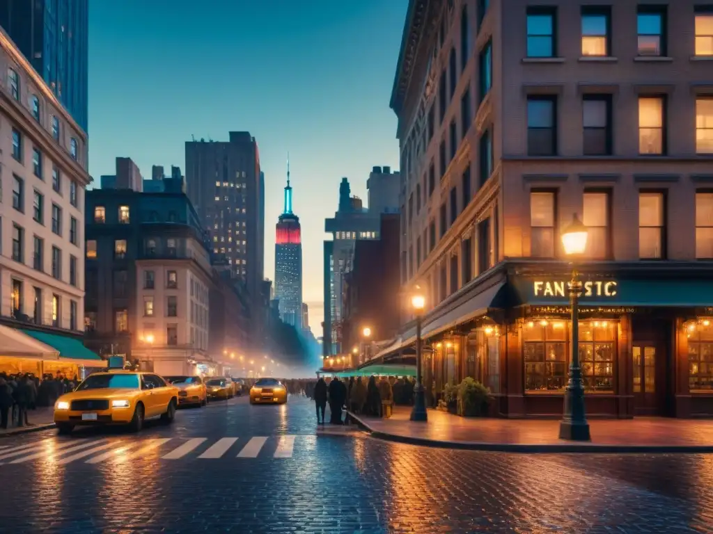 Escena nocturna de Nueva York con luces de neón y ambiente misterioso, inspirada en Mitologías de Fantastic Beasts