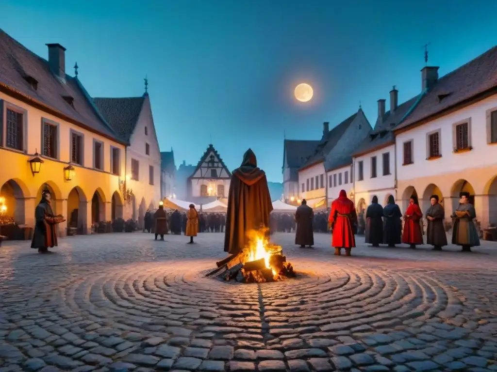 Escena nocturna en plaza medieval con figuras misteriosas alrededor de fogata