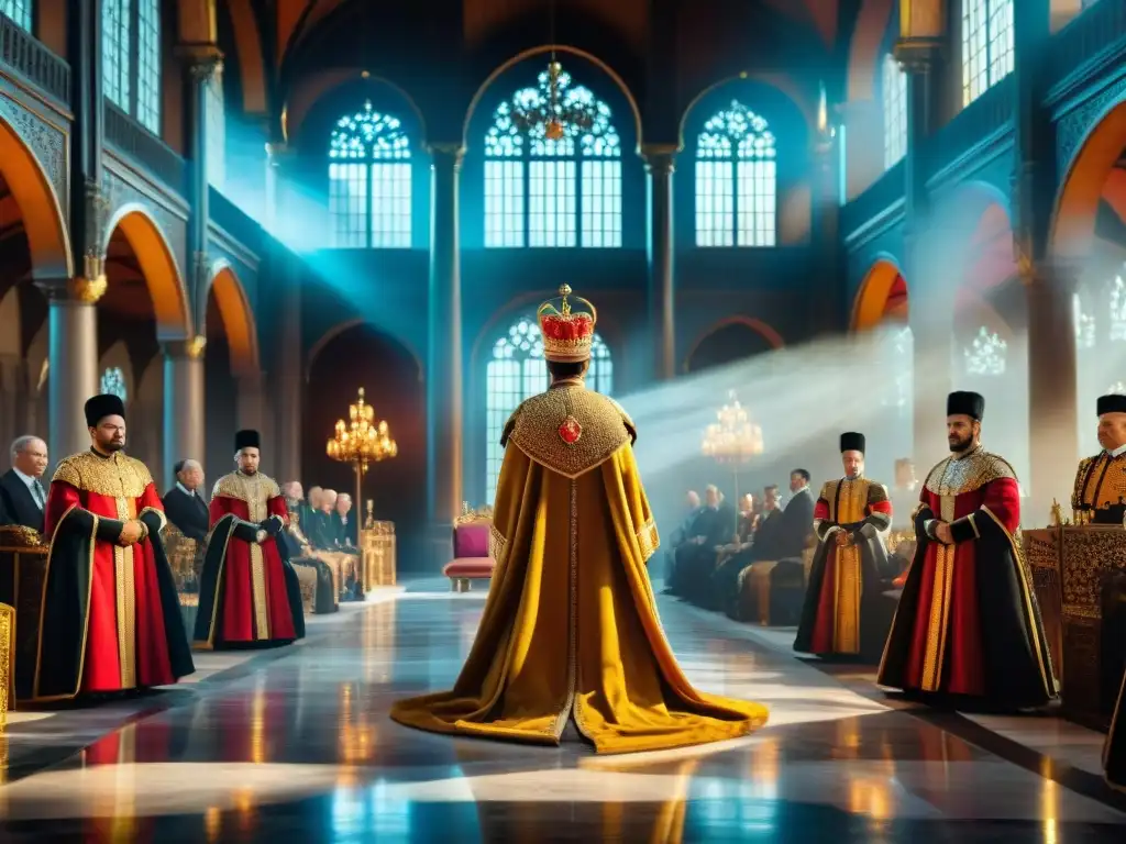 Una escena de opulencia y autoridad en La Reina Roja, con tronos dorados, una reina majestuosa y sirvientes en un salón iluminado por vitrales