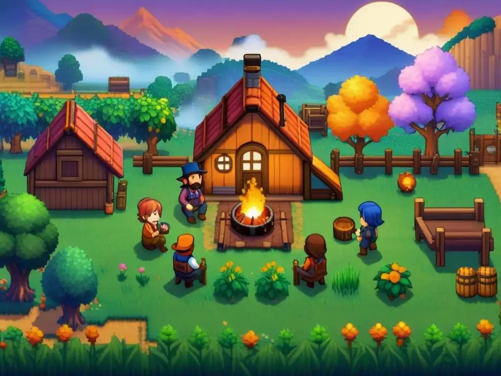 Una escena pintoresca de la comunidad de Stardew Valley reunida alrededor de una hoguera acogedora al anochecer, con las siluetas de los aldeanos inmersos en conversaciones animadas, todo ello con un telón de fondo de un cielo vibrante de puesta de sol pintado en tonos