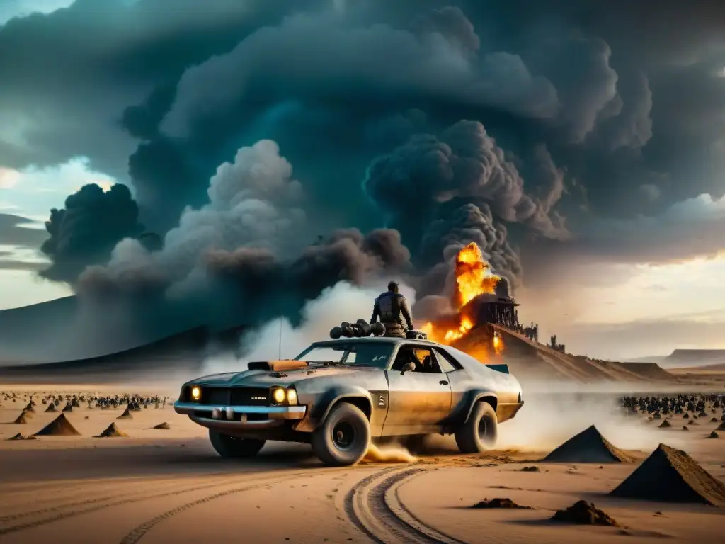 Visión artística Mad Max: Escena postapocalíptica con paisaje desolado, restos de civilización, cielo tormentoso y figura solitaria