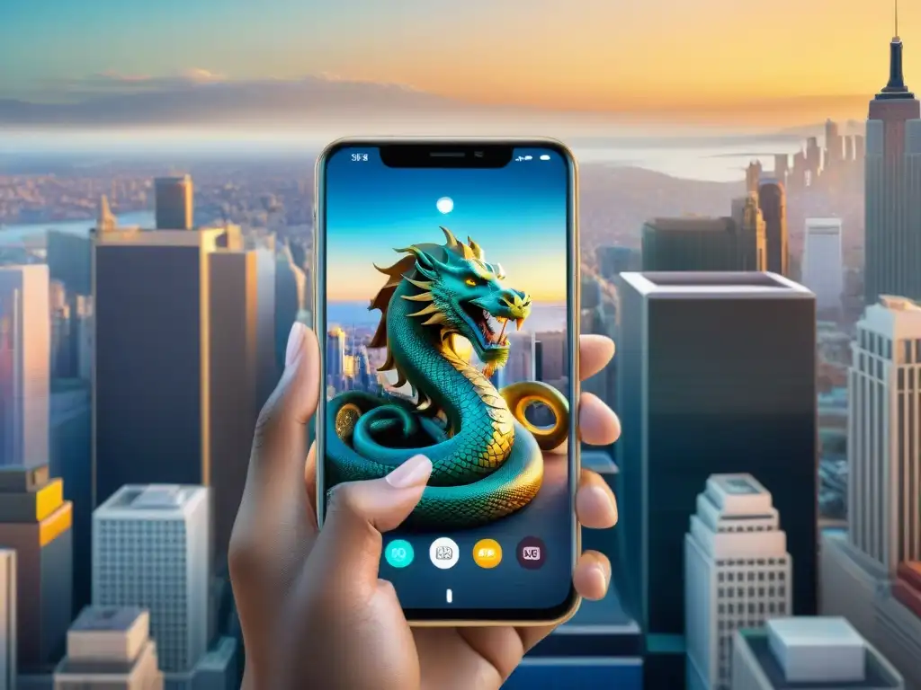 Una escena de realidad aumentada con personajes mitológicos fusionados en la ciudad