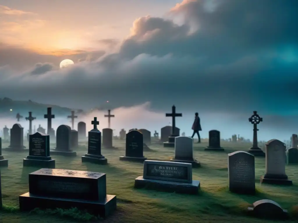 Escena de resiliencia de fantasmas en un cementerio neblinoso, iluminado por la luz de la luna entre nubes oscuras