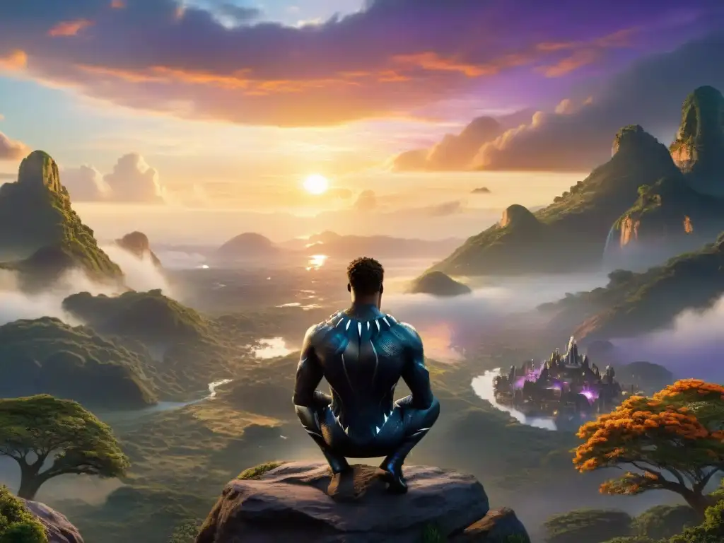 Escena sagrada en Wakanda: energía espiritual, naturaleza exuberante, figuras ancestrales