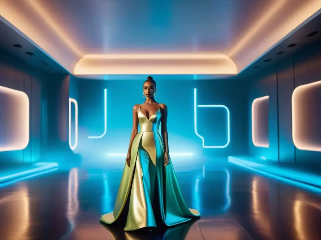 Una escena de salón extravagante en un mundo futurista donde los personajes visten trajes de alta moda vanguardista, con elementos metálicos y neón