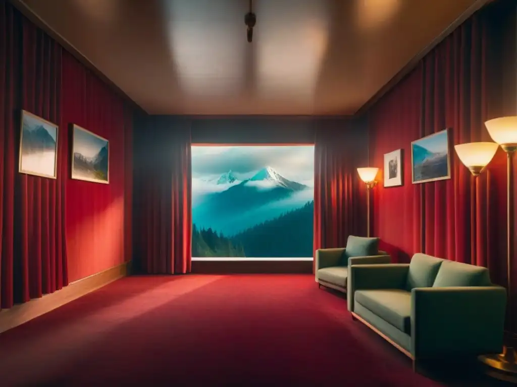 Escena surrealista de la Sala Roja de Twin Peaks con su suelo a cuadros, cortinas rojas y el doppelgänger del Brazo, en un ambiente misterioso