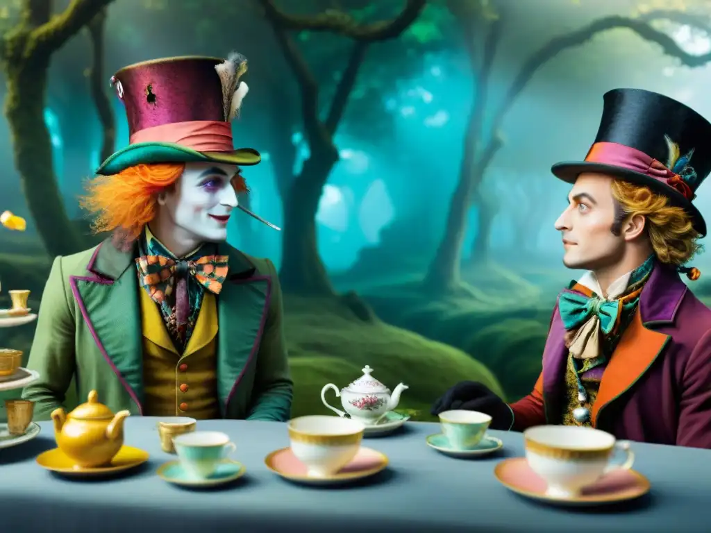 Escena de té en País Maravillas: Mad Hatter y March Hare conversan en un ambiente surrealista con Alice observando