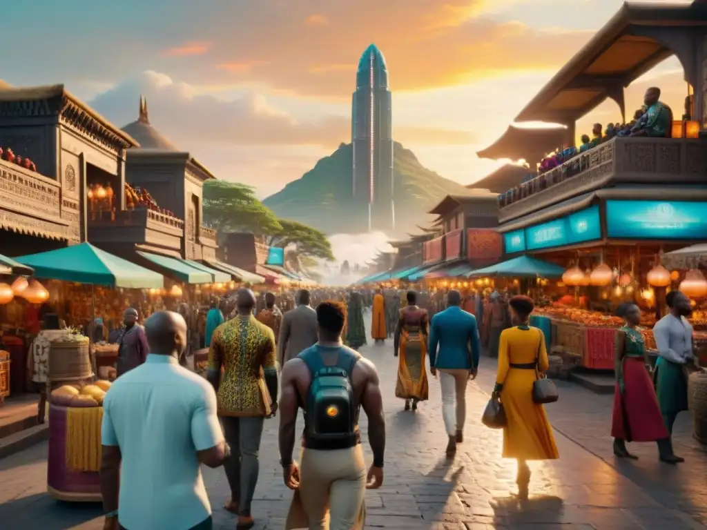 Escena de tecnología y tradición en Wakanda: hologramas y robots se mezclan con mercados y vestimenta tradicional al atardecer