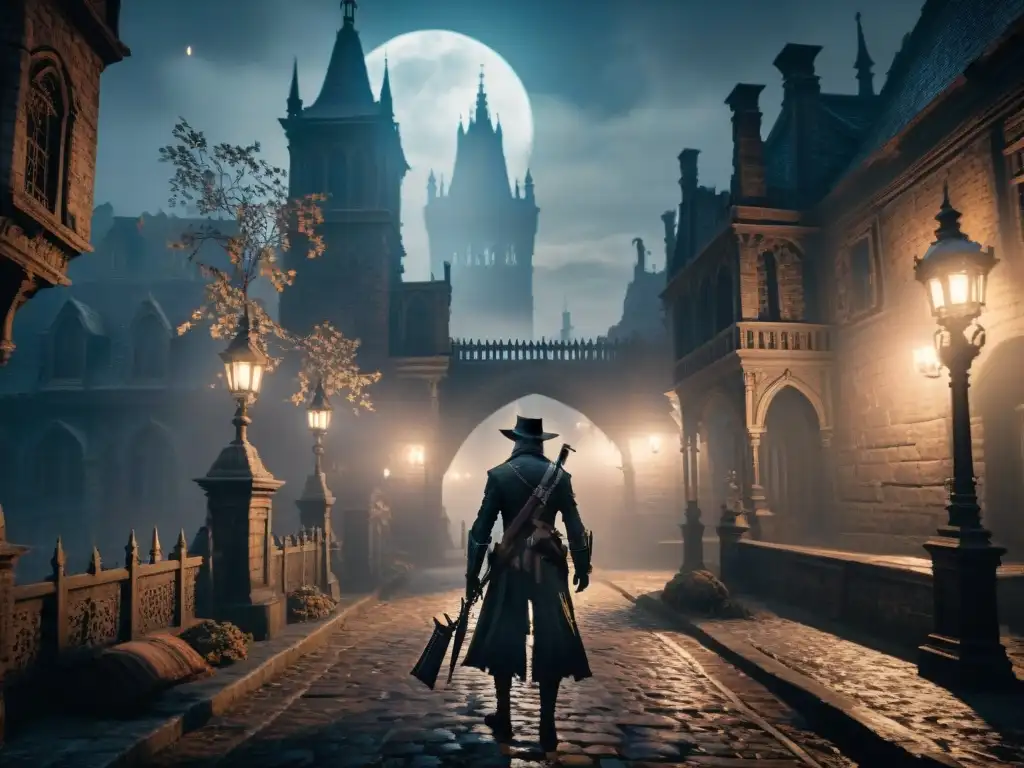 Escena tenebrosa de Yharnam en Bloodborne con monstruos y leyendas