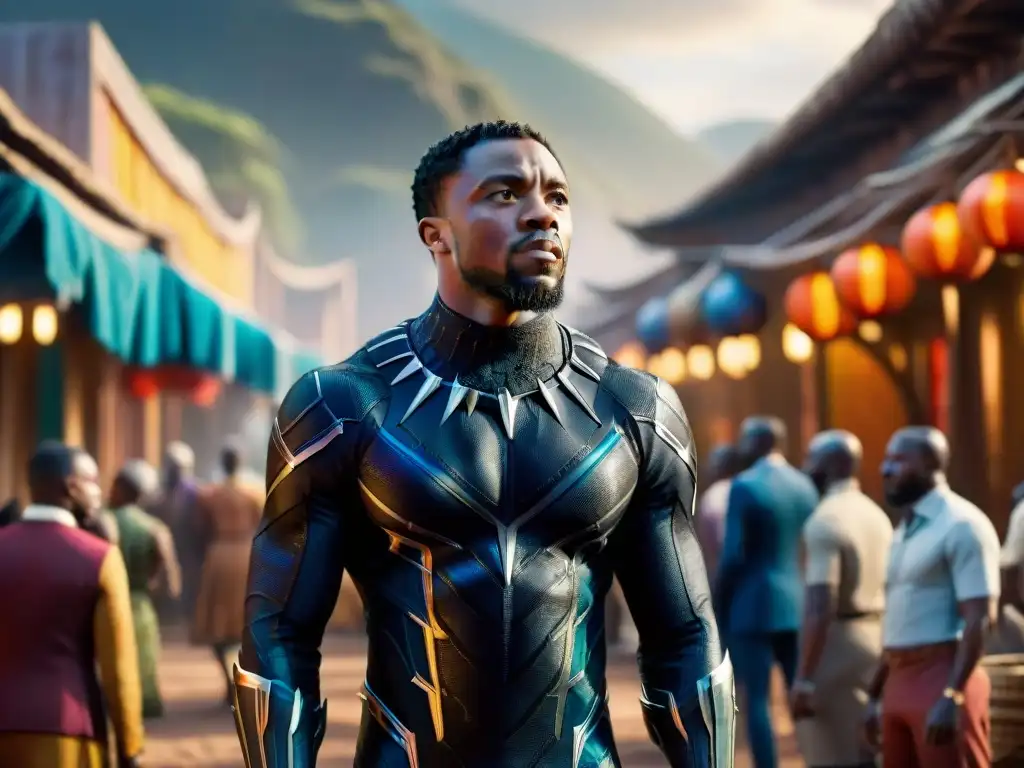 Escena vibrante de ciudad africana inspirada en Black Panther con arquitectura tradicional, puestos de mercado y diversidad étnica