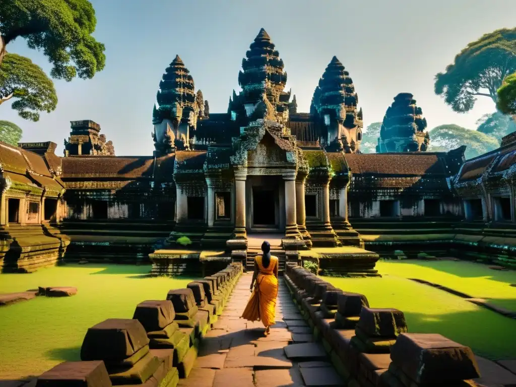 Un escenario de ensueño en el templo Ta Prohm en Angkor Wat, con árboles gigantes abrazando las ruinas y la luz del sol creando un ambiente místico