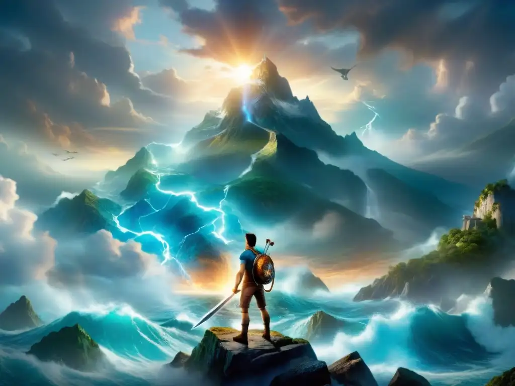 Un escenario épico de aventura y mitología en Percy Jackson, con Zeus, Poseidón y valientes héroes