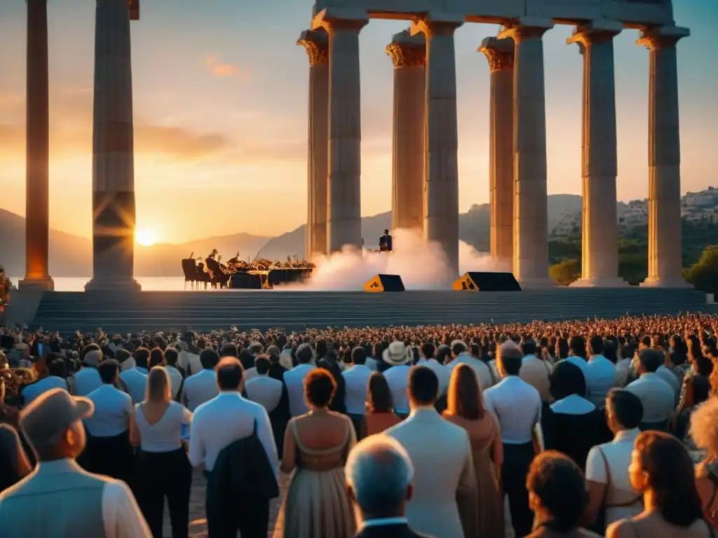 Un escenario épico con una orquesta grandiosa, rodeada de columnas griegas, en un paisaje mítico al atardecer