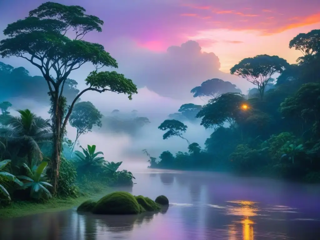 Un escenario exuberante de la selva amazónica al atardecer, con el río Amazonas serpenteando entre la densa vegetación