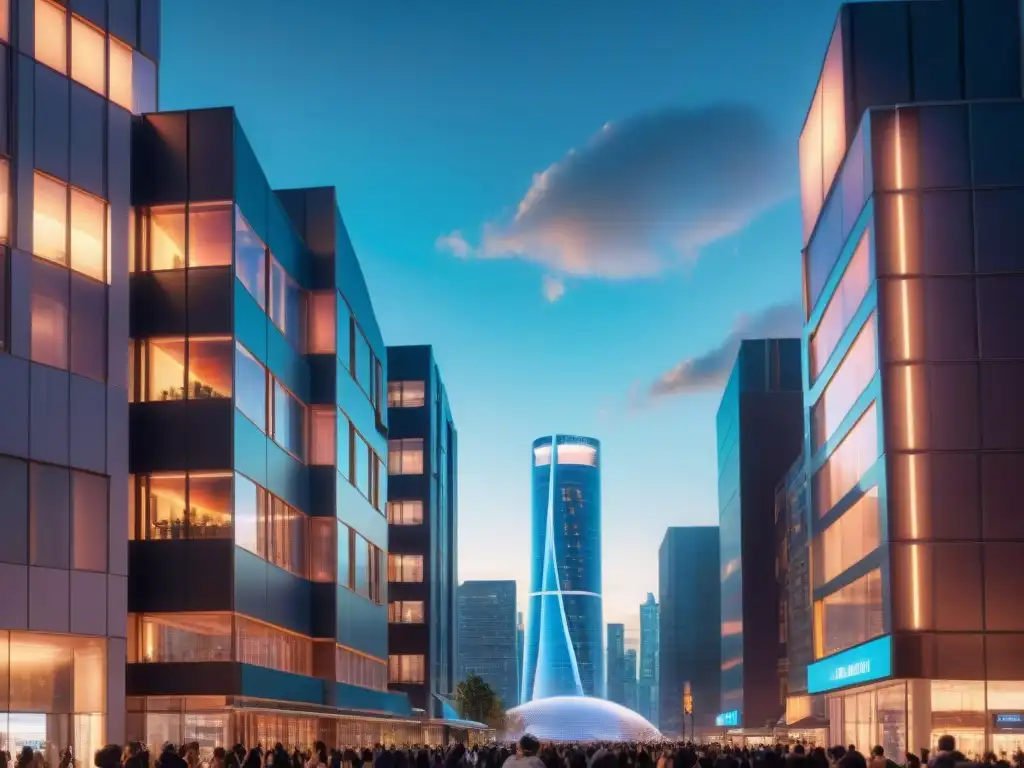 Metrópolis futurista con ADN holográfico y científicos discutiendo Un escenario futurista con un dilema ético: científicos discuten modificación genética en una ciudad avanzada y multicultural al anochecer