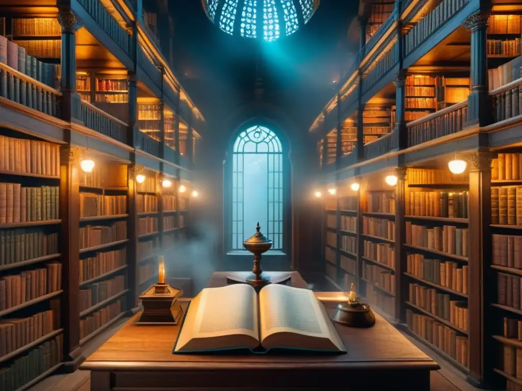 Librería mística: magia y sabiduría ancestral Un escenario místico y antiguo en una biblioteca llena de libros, iluminada por orbes mágicos