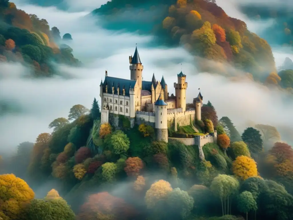 Un escenario místico y encantador con el legendario castillo de Camelot en la neblina