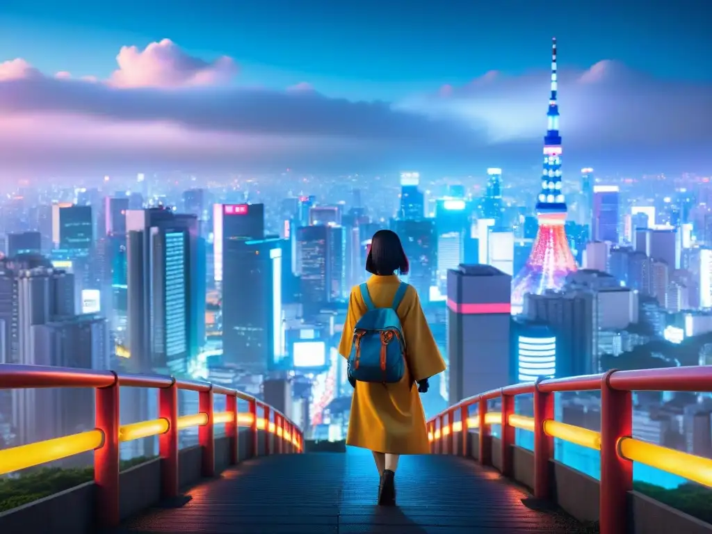 Tokyo nocturno: mitología japonesa y anime en la ciudad Un escenario nocturno de Tokio con personajes de anime inspirados en mitología japonesa en un ambiente urbano moderno y vibrante