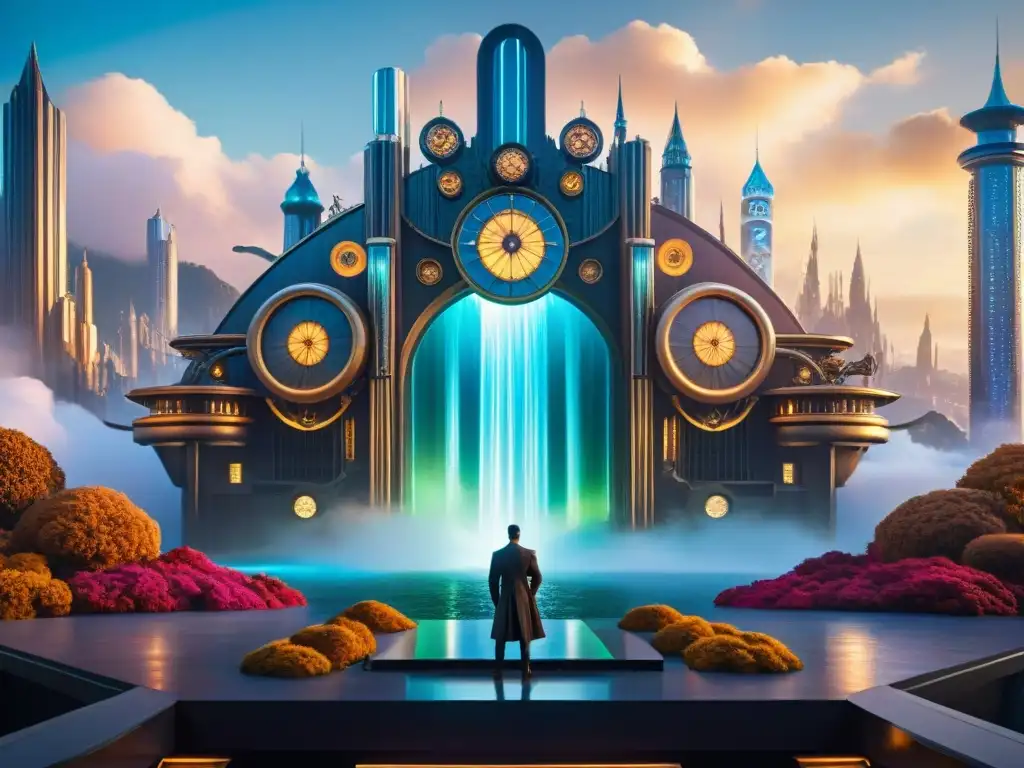 Escenario de ópera futurista con maquinaria steampunk, luces neón y criaturas fantásticas