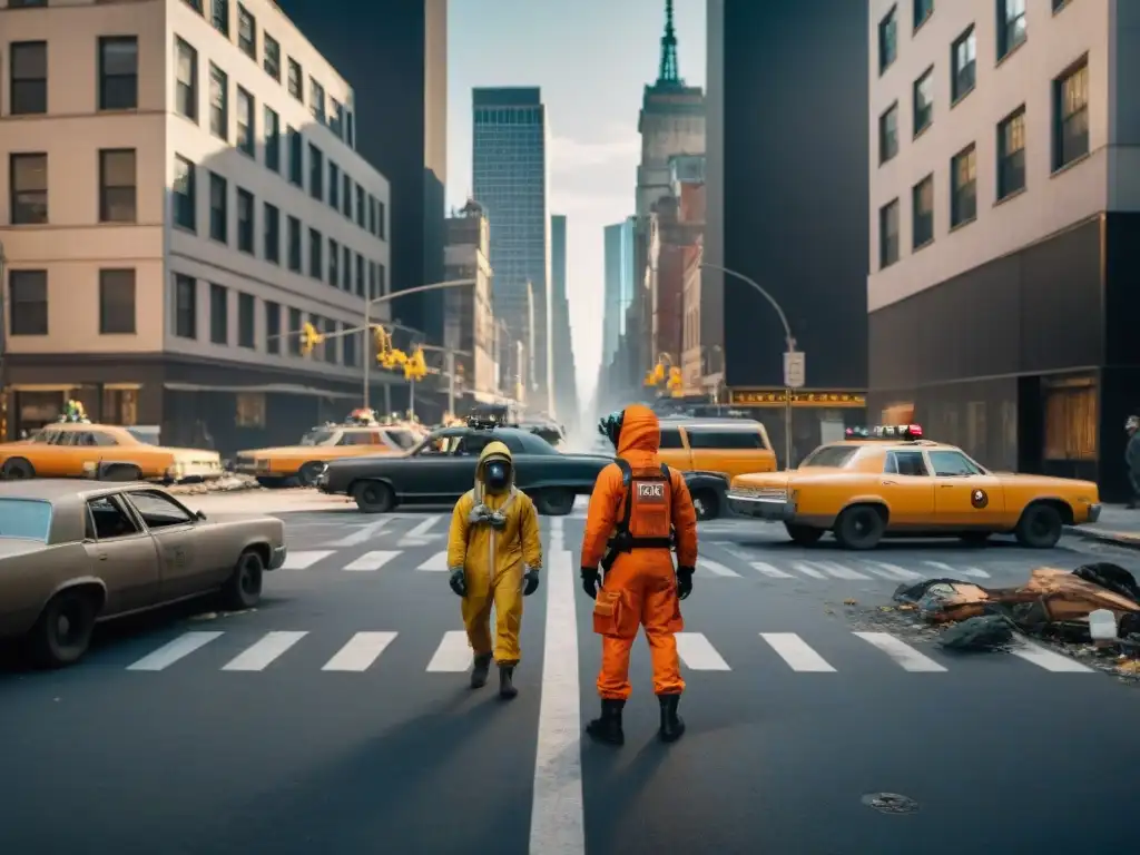 Un escenario postpandemia en Nueva York, con calles desiertas y un individuo en traje de protección caminando