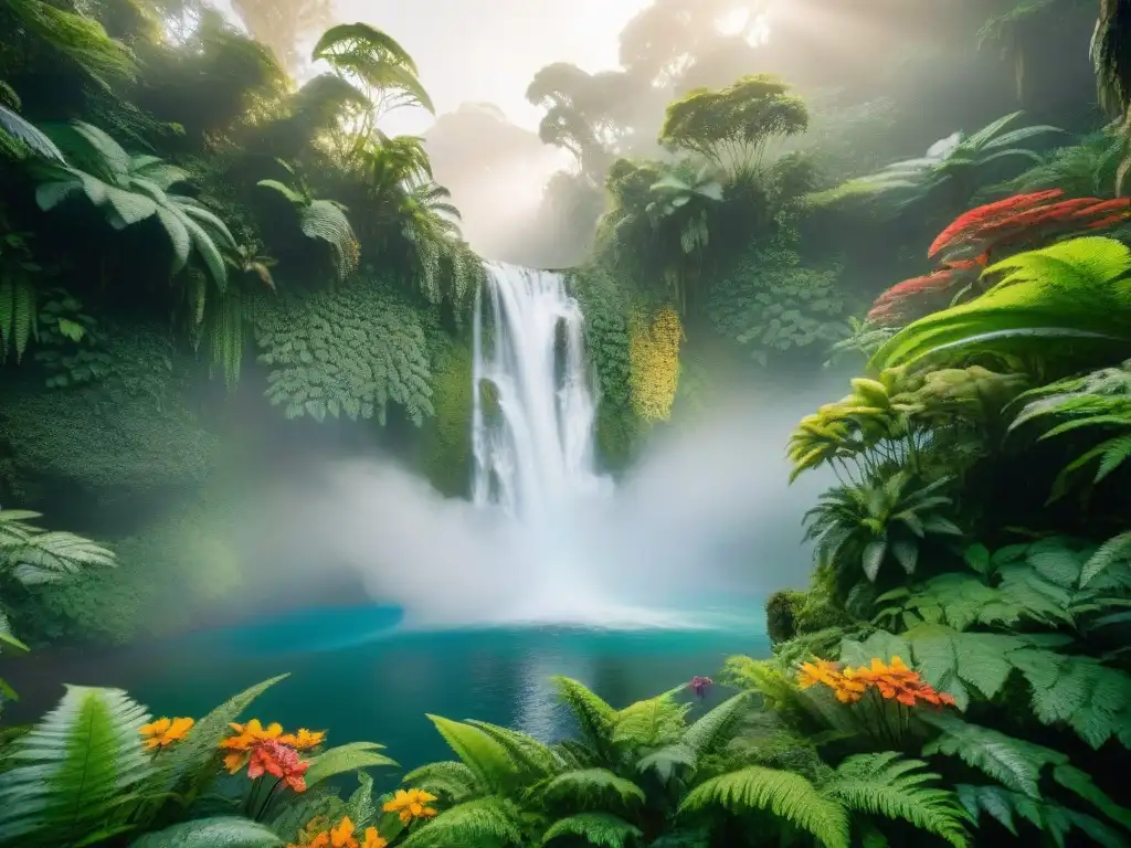 Un escenario de selva exuberante y vibrante al atardecer, con luz dorada filtrándose entre el dosel, destacando plantas y vida silvestre