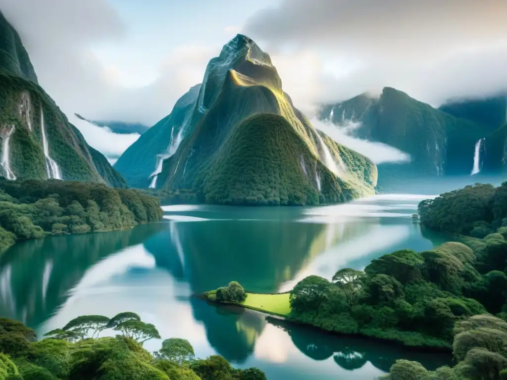 Escenario LOTR: Milford Sound, con Mitre Peak reflejado en aguas tranquilas, rodeado de exuberante selva y bruma misteriosa