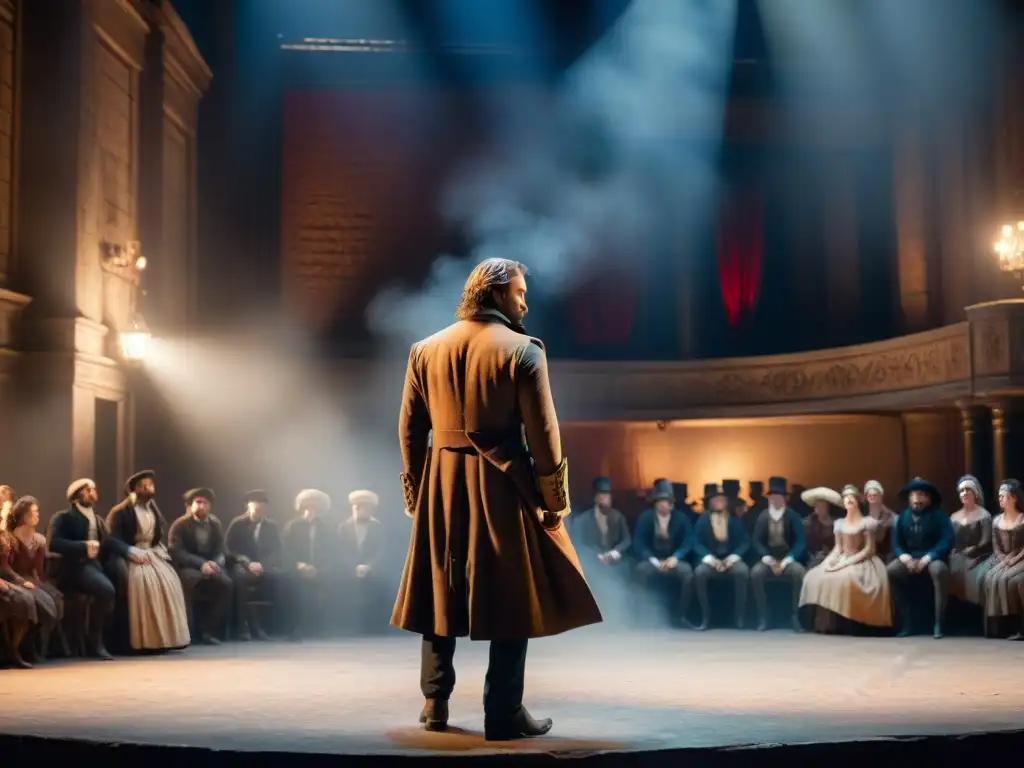 Un escenario teatral iluminado con un foco sobre Jean Valjean de 'Los Miserables', evocando el impacto cultural de la obra