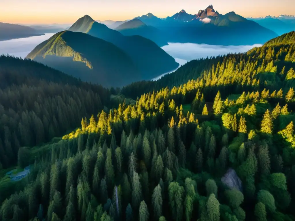 Escenarios naturales de The 100: Bosques exuberantes y montañas agrestes de Vancouver iluminados por el sol poniente