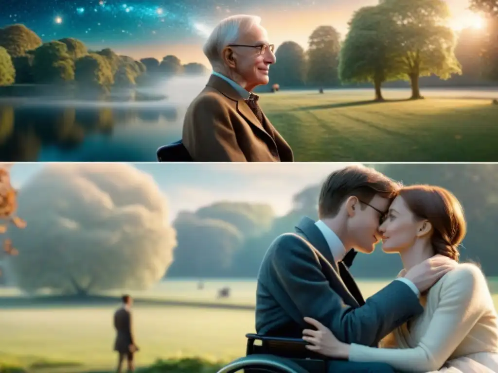 Escenas icónicas de amor en universos ficticios: Hawking y Wilde bajo las estrellas, Button y Daisy abrazados en el parque soleado