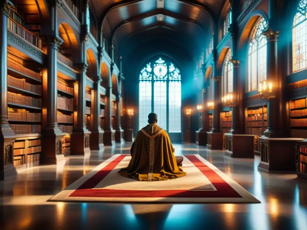 Unos escribas fantásticos trabajando en una majestuosa biblioteca llena de sabiduría