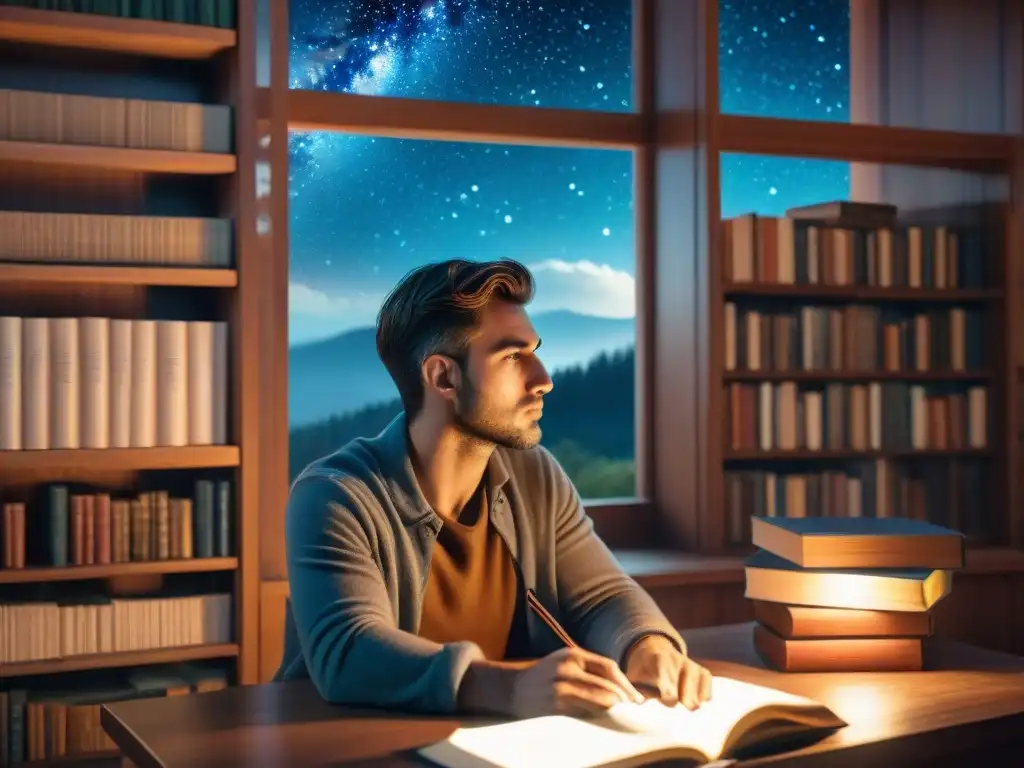 Un escritor en su estudio con libros, mirando la noche estrellada