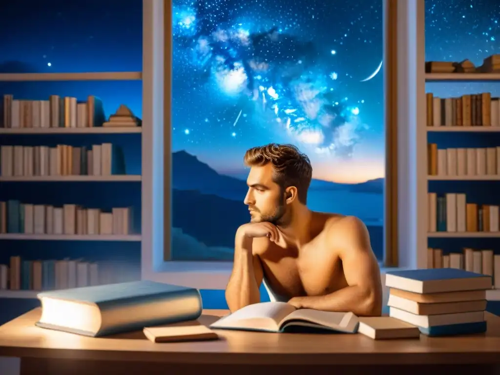 Escritor inspirado por la mitología griega, rodeado de libros, contempla una noche estrellada