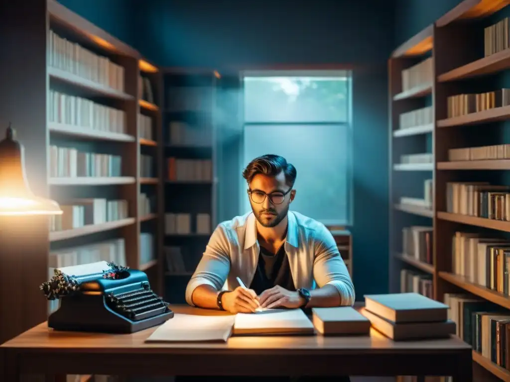 Un escritor reflexivo rodeado de libros, con una ventana hacia un mundo fantástico