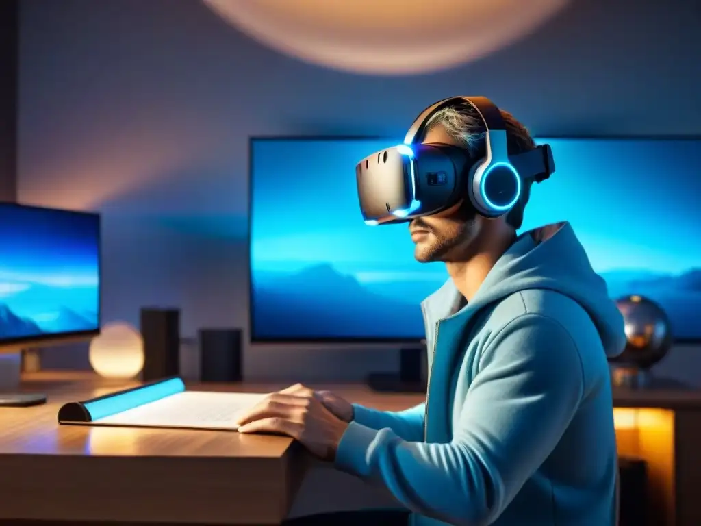 Un escritorio futurista con un auricular de realidad virtual iluminado en azul, rodeado de bocetos de criaturas y paisajes fantásticos