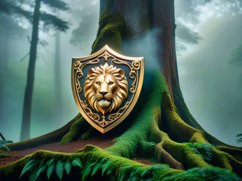 Un escudo dorado y ornamental con un león majestuoso, en un bosque místico