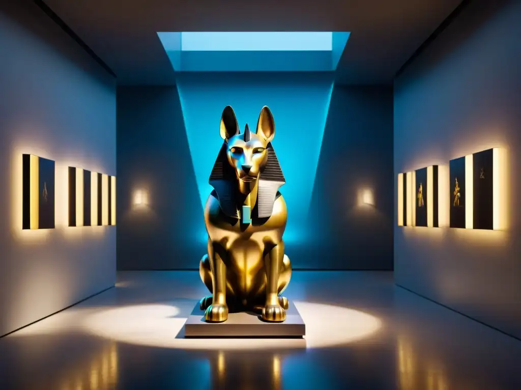 Escultura moderna de Anubis en galería de arte, influencia mitología egipcia arte moderno