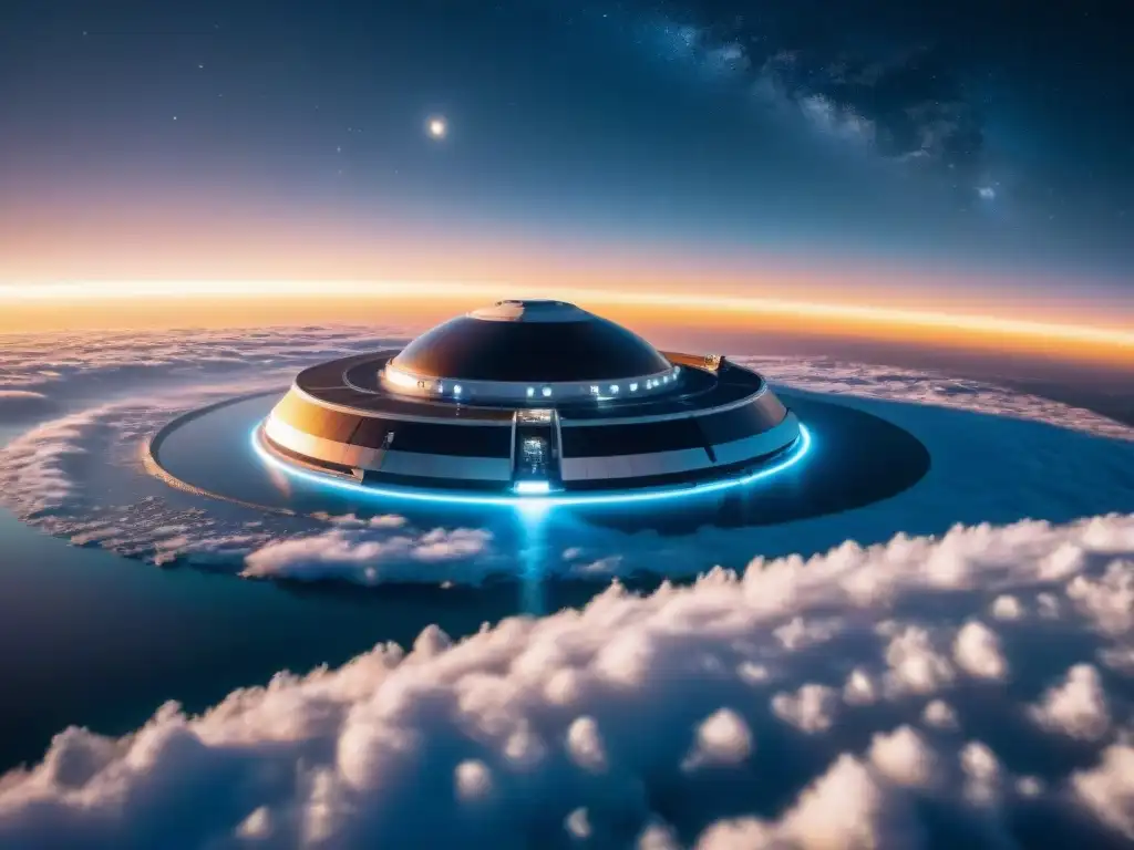 Estación espacial futurista en órbita de un planeta distante, rodeada de cristales de hielo, inmortalidad en criogenia espacial