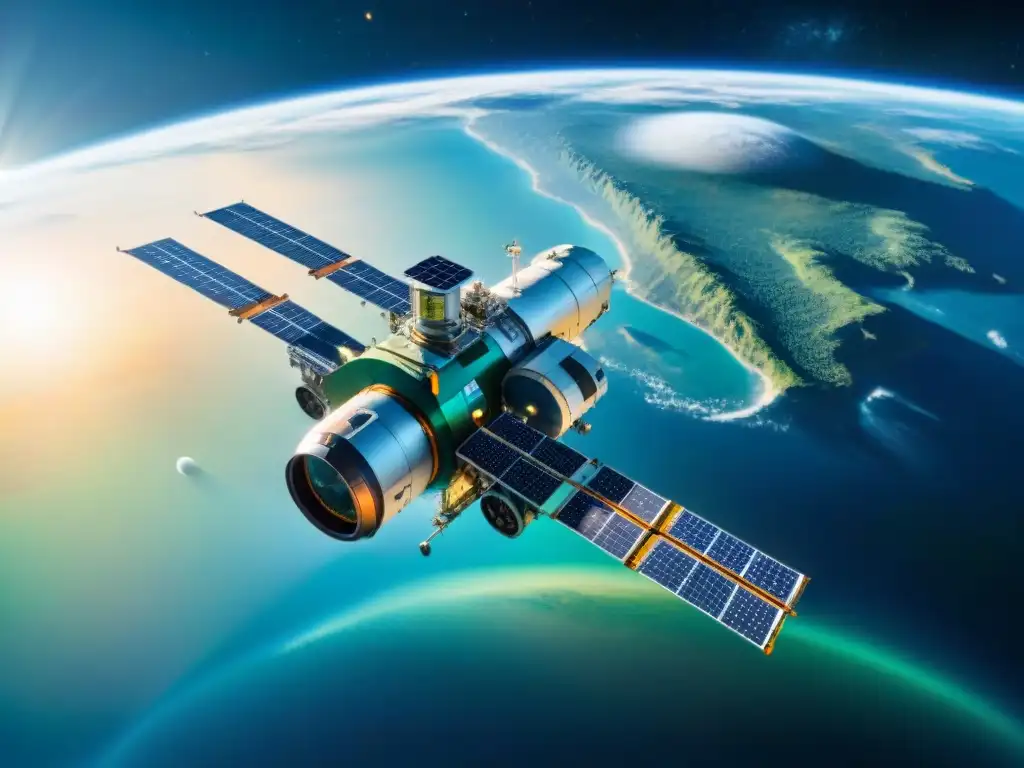 Estación espacial futurista orbitando planeta azul y verde, destacando la importancia de satélites en colonización del espacio