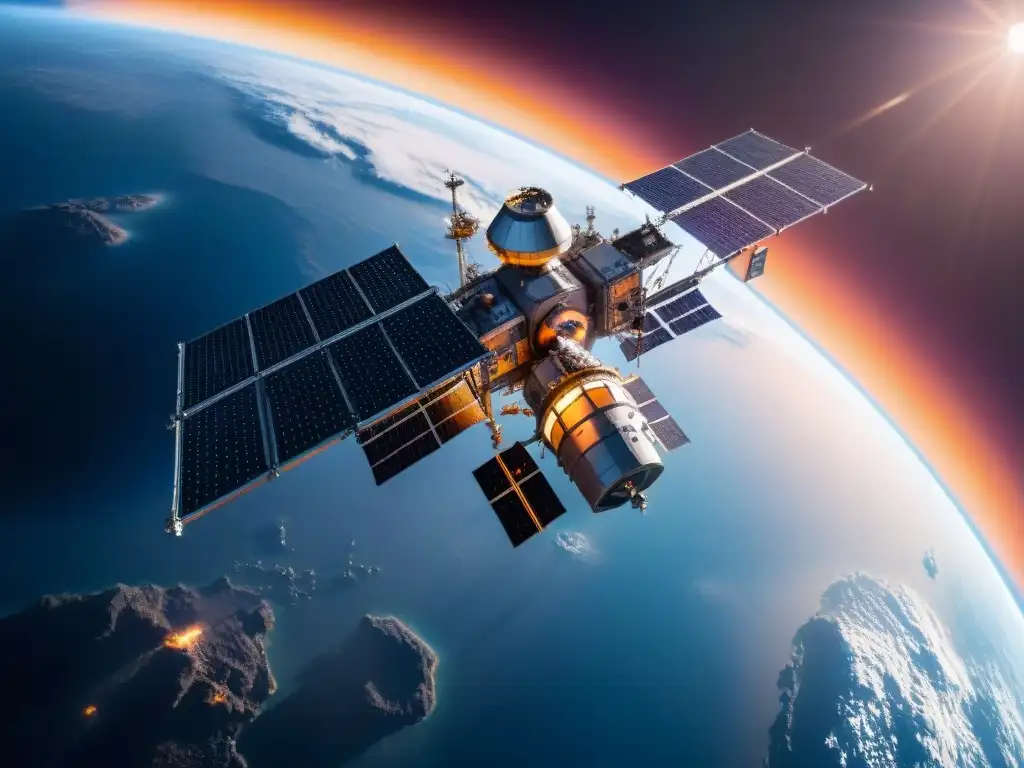 Estación espacial futurista orbitando planeta, rodeada de satélites vitales para colonización en el espacio