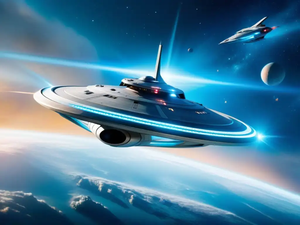 En el espacio, una nave Star Trek impecable y una nave Battlestar Galactica desgastada se enfrentan