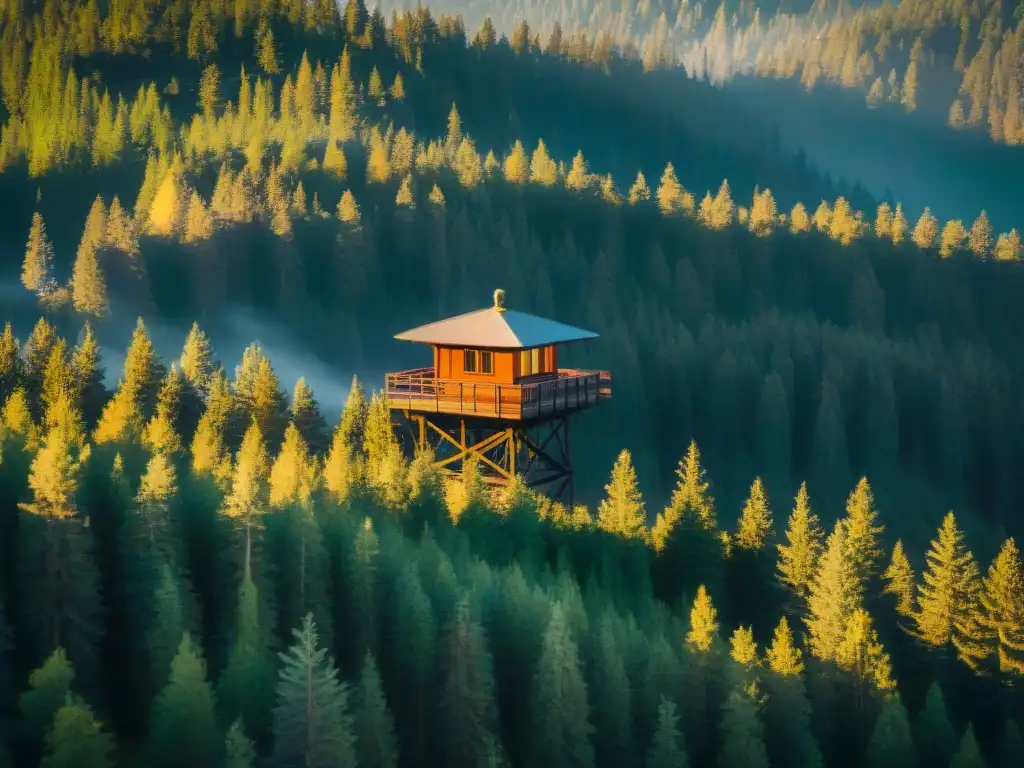 Un espectacular atardecer en Firewatch: la torre de vigilancia solitaria destaca entre el bosque vibrante, reflejando aislamiento y contemplación