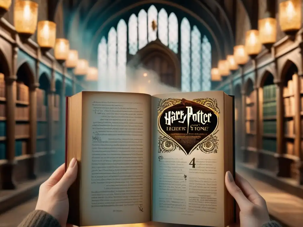 Harry Potter frente al Espejo de Oesed, reflejando sus deseos más profundos, junto a un pasaje del libro en caligrafía detallada