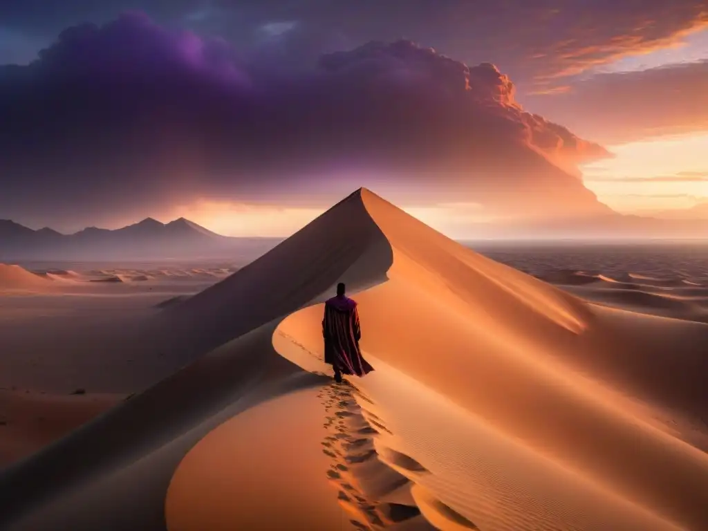 Un profeta líder espiritual de Dune contempla un desierto misterioso al atardecer, con una tormenta de arena en el horizonte