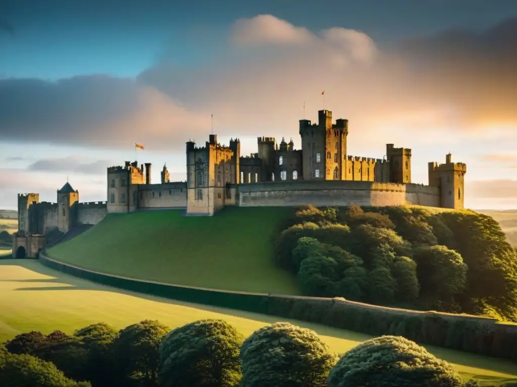 Espléndido castillo medieval de Alnwick al atardecer, evocando mitologías en mundos ficticios