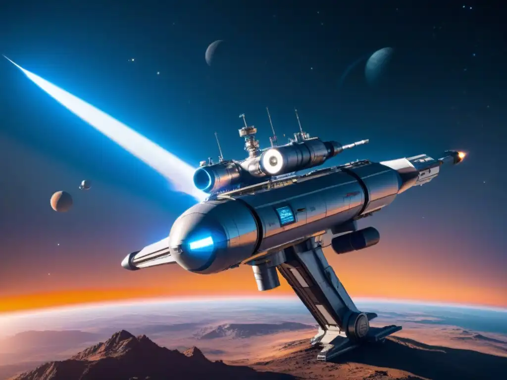 Una estación espacial futurista con armas avanzadas orbitando un planeta lejano, destacando el potencial de armas espaciales