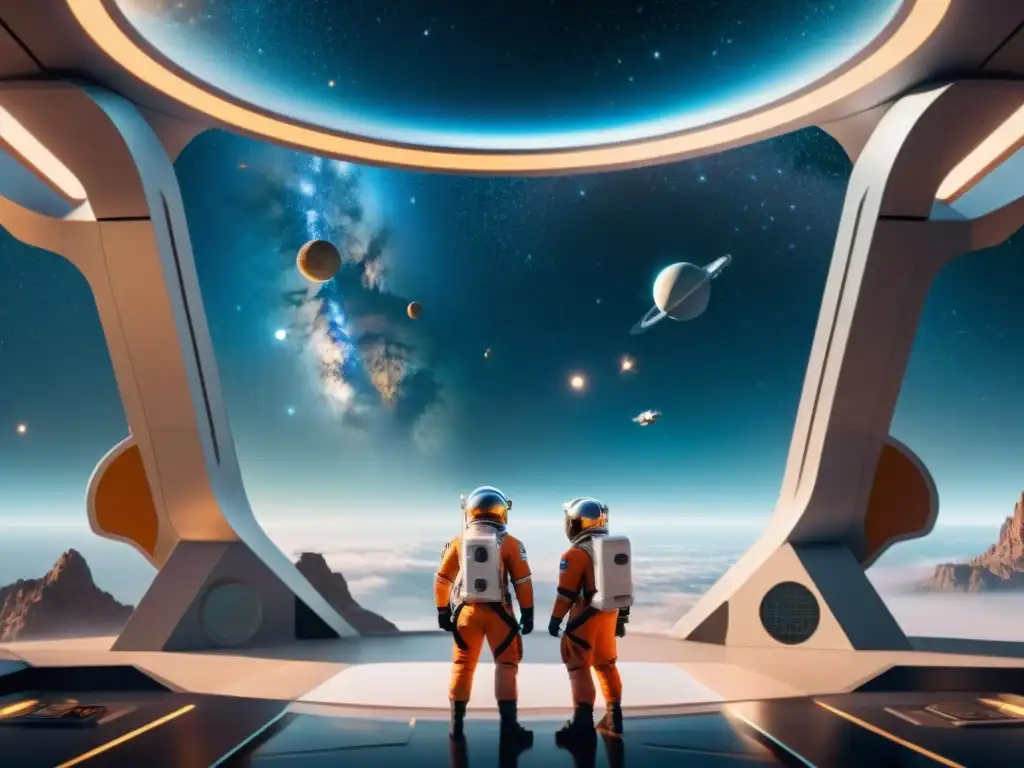 En una estación espacial futurista, astronautas en trajes tecnológicos discuten, admirando la exploración espacial en narrativa ficción