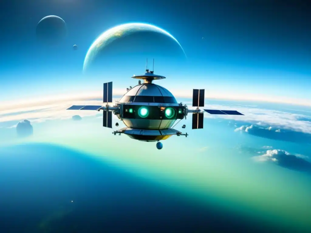 Una estación espacial futurista orbita un planeta azul y verde, con naves espaciales reflejando la armonía entre humanidad y tecnología en el espacio